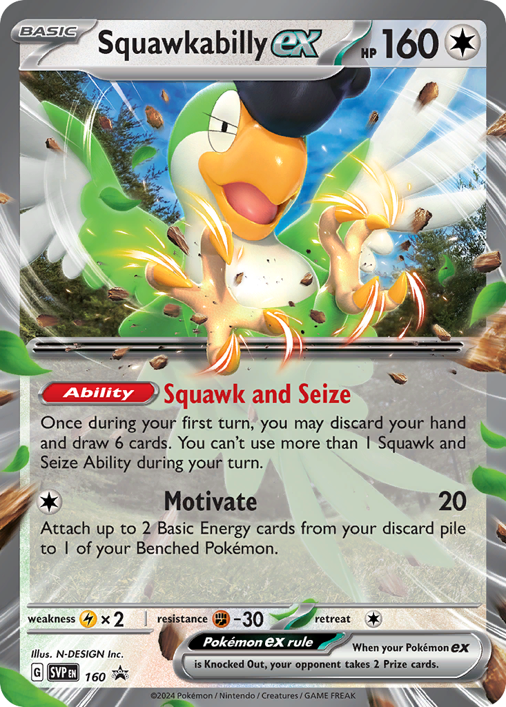 Pokémon trading card featuring Squawkabilly EX with ability text and artwork.