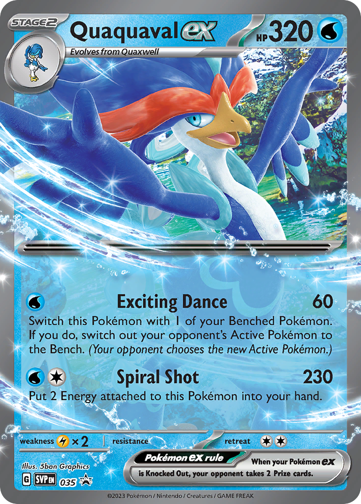Pokémon trading card featuring Quaquaval ex with blue and orange design