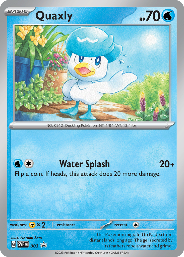 Pokémon trading card featuring Quaxly with a garden background