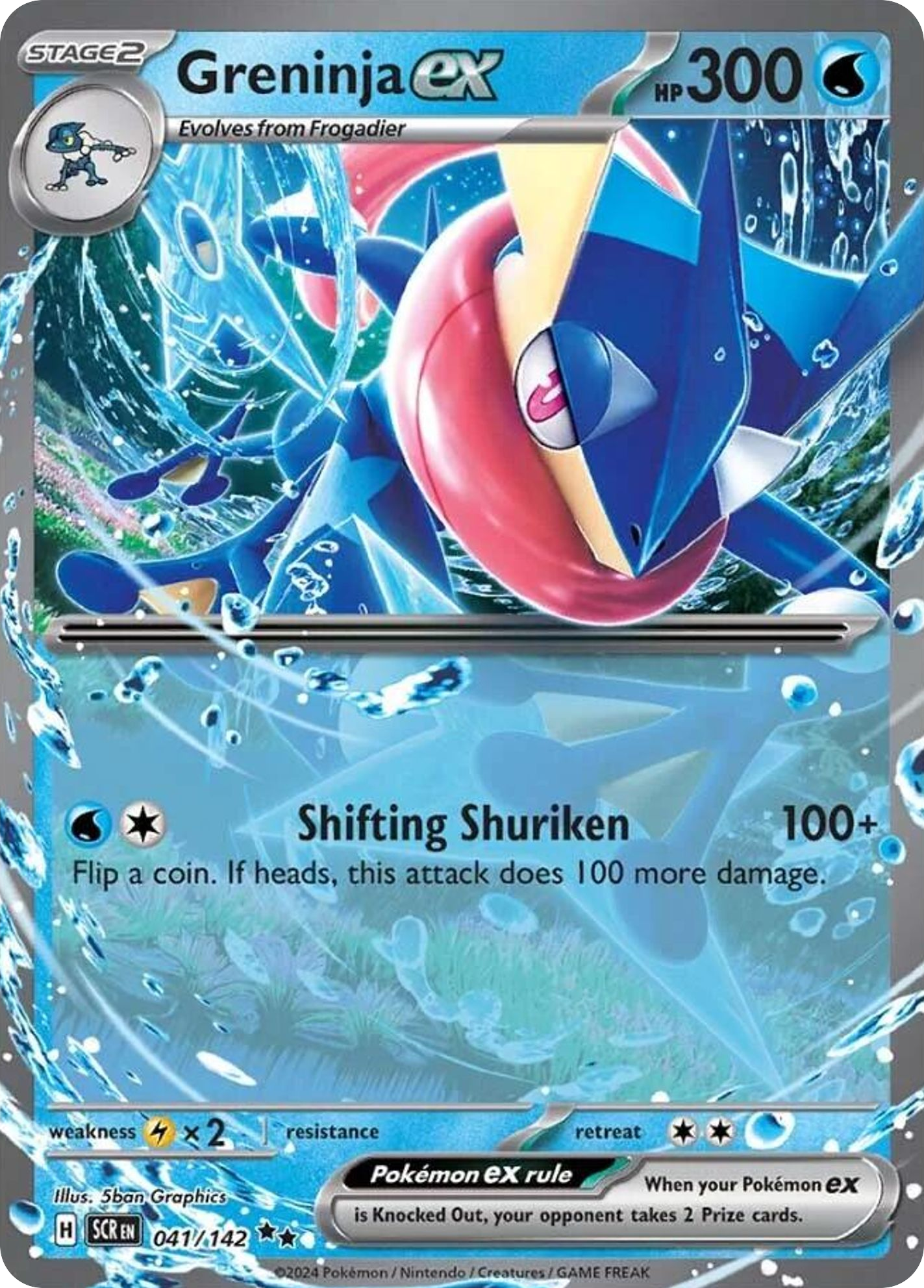 Pokémon trading card featuring Greninja ex with blue and pink design
