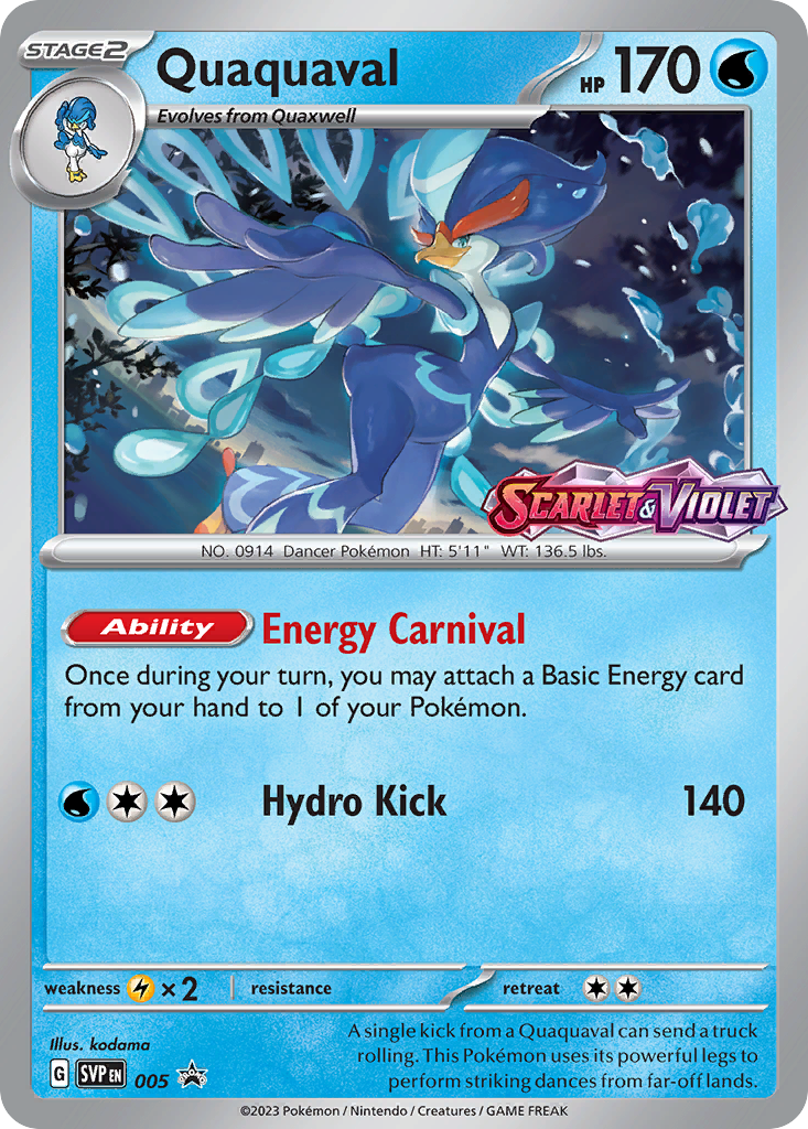 Pokémon trading card featuring Quaquaval with blue and silver design