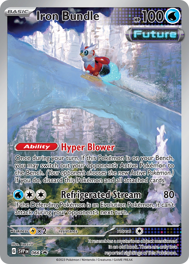 Pokémon trading card featuring Iron Bundle with a snowy mountain background
