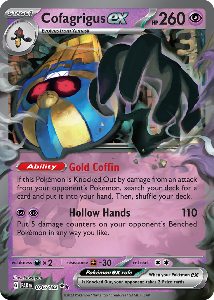 Pokémon trading card featuring Cofagrigus EX with detailed text and graphics.