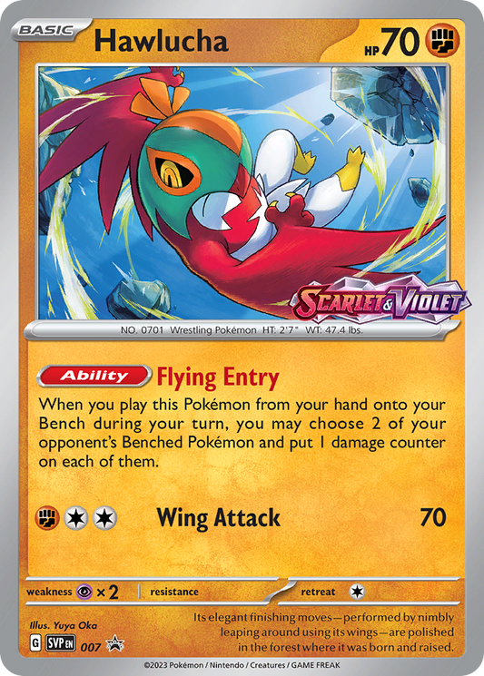 Pokémon trading card featuring Hawlucha with detailed artwork and Scarlet & Violet Pre-release Stamp