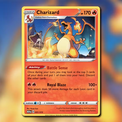 Pokémon trading card featuring Charizard with a fiery design on a colorful background