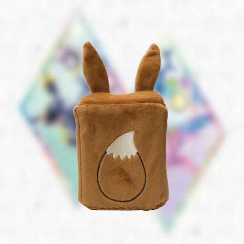 Single brown plush deck boxes, rear view, with ears and embroidered tail in the style of Eevee on a colourful blurred background