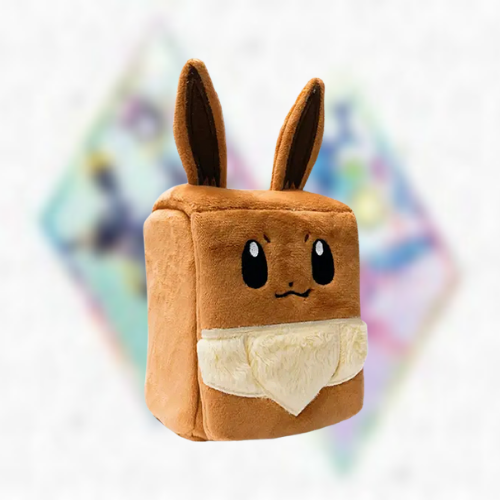 Single brown plush deck boxes with ears in the style of Eevee on a colourful blurred background
