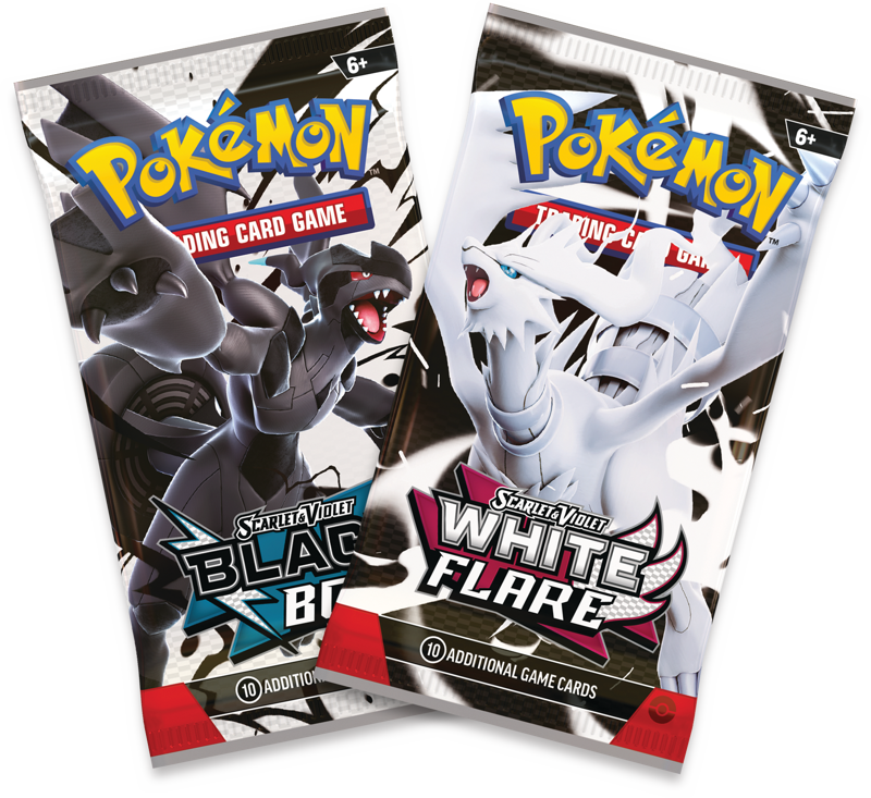 Two packs of Pokémon Trading Card Game, one from Black Bolt and one from White Flare.
