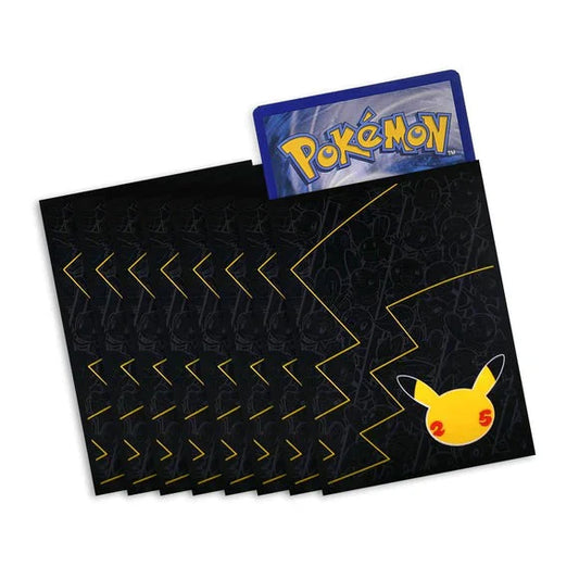 Set of black card sleeves with Pikachu design and a blue 'Pokémon' branded card peeking out
