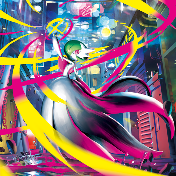 Colorful Gardevoir art against a cityscape background