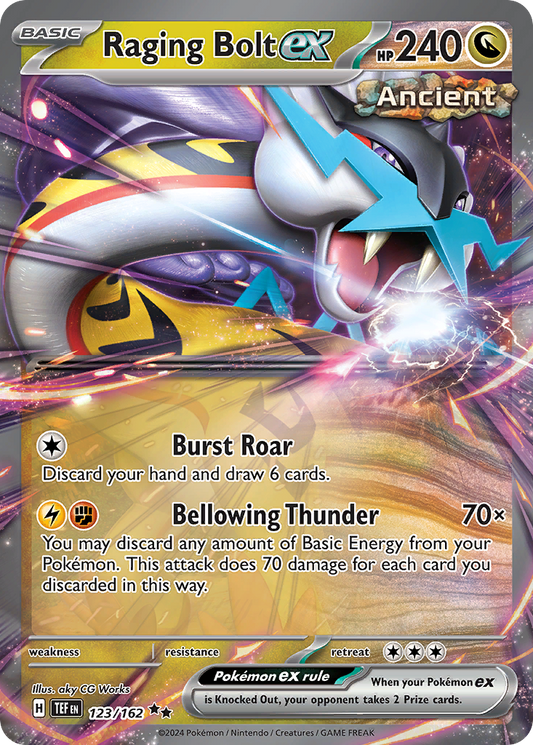 Pokémon trading card featuring Raging Bolt ex with detailed artwork and text.