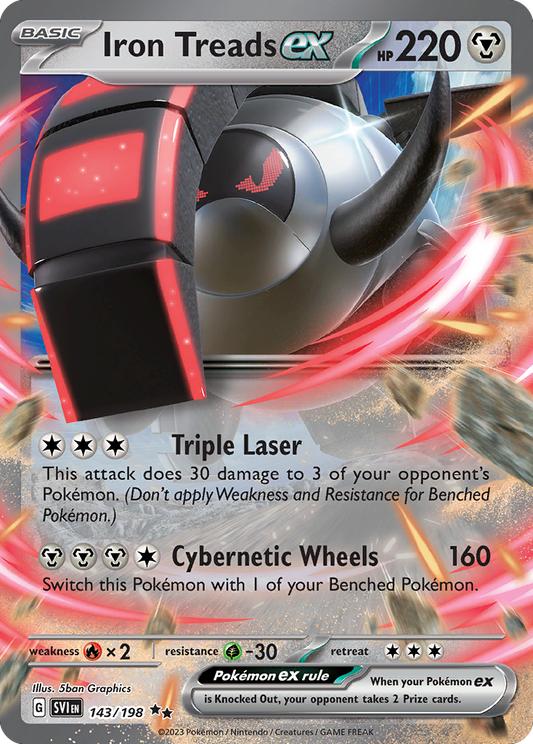 Pokémon trading card featuring Iron Treads ex with detailed artwork and text.