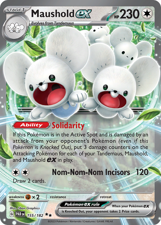 Pokémon trading card featuring Maushold EX with green leaves in the background