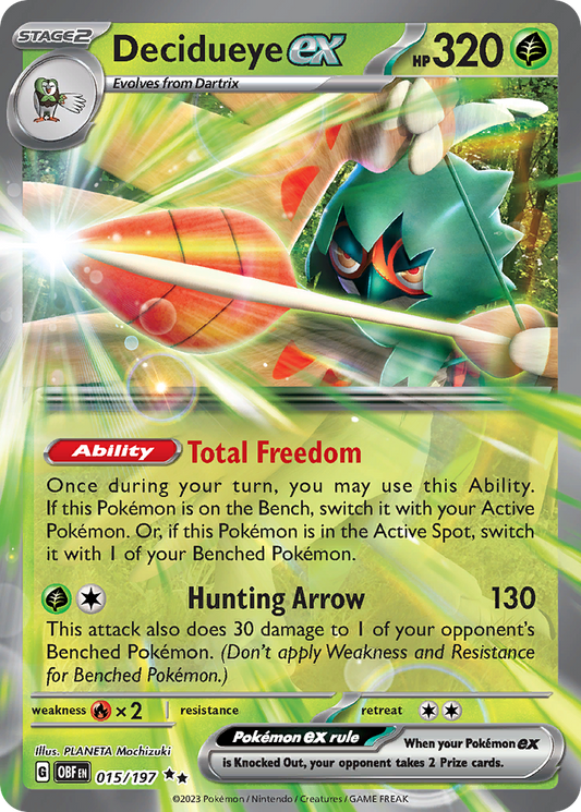 Pokémon trading card featuring Decidueye EX with green and yellow design