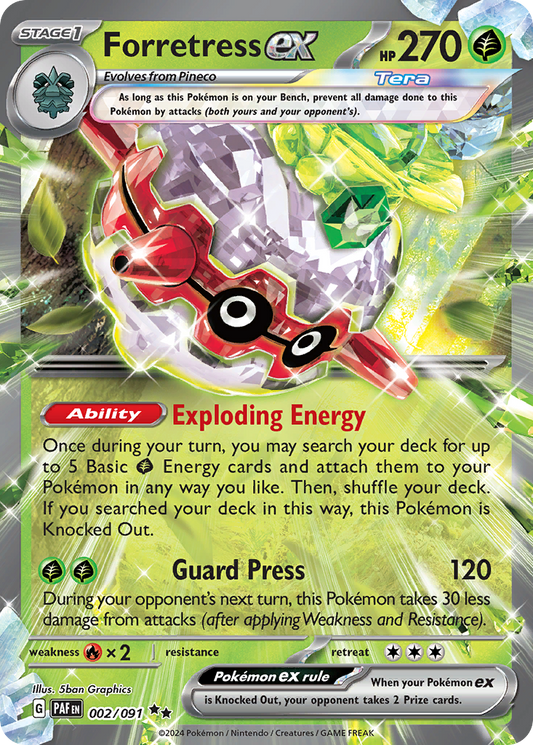 Pokémon trading card featuring Forretress ex with detailed text and graphics.