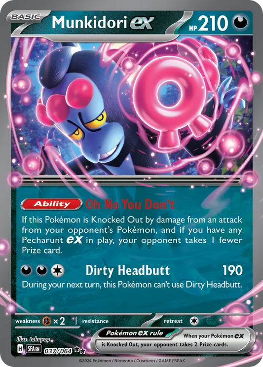 Pokémon trading card featuring Munkidori ex with colorful design and text.
