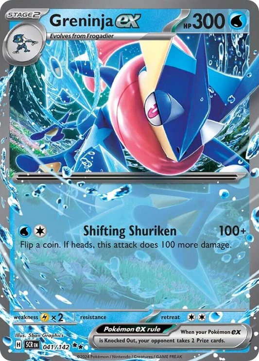 Pokémon trading card featuring Greninja ex with blue and pink design