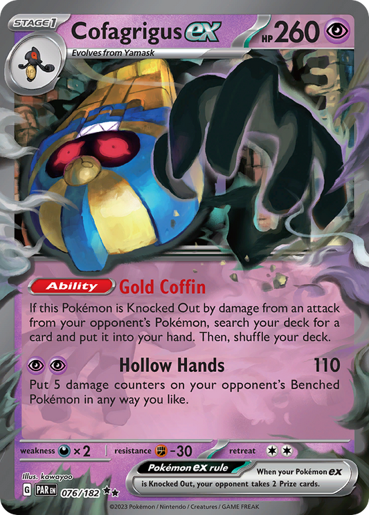 Pokémon trading card featuring Cofagrigus EX with detailed text and graphics.