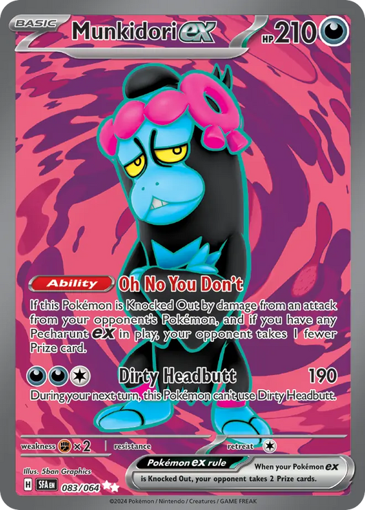 Pokémon trading card featuring full art of Munkidori ex on a pink and purple background.