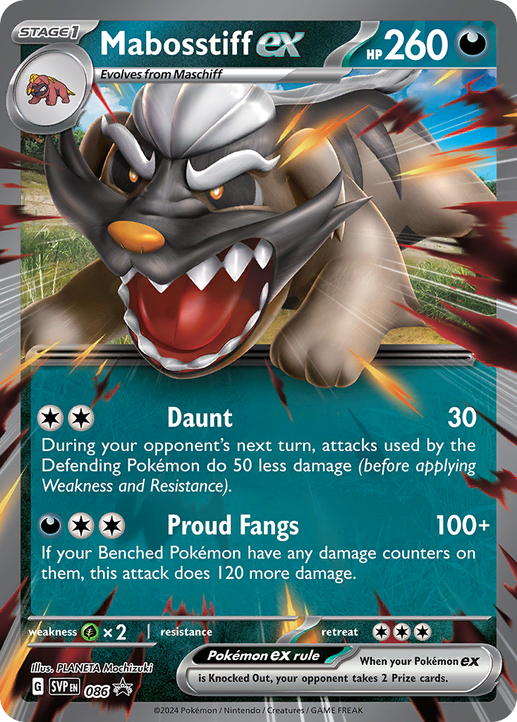 Pokémon trading card featuring Mabosstiff ex with detailed artwork and text.