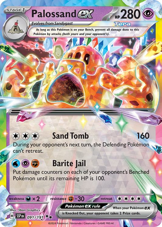 Pokémon trading card featuring Palossand ex Tera Pokémon with a colourful design and text.