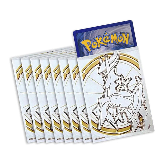 Set of six Pokémon trading card sleeves in white featuring Arceus in gold.