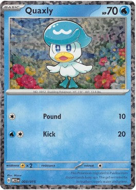 Pokémon trading card featuring Quaxly with a blue and white design.