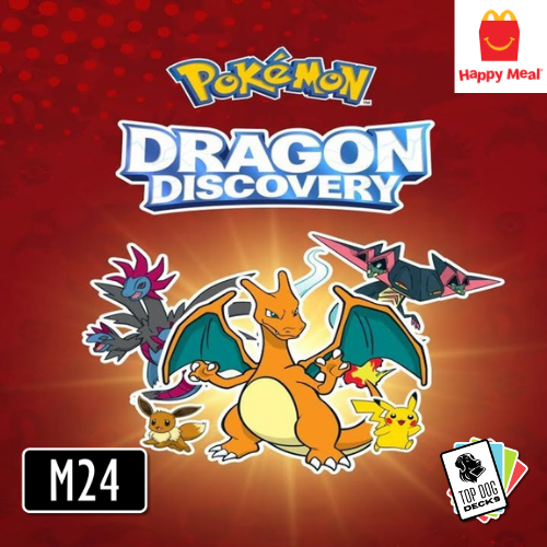 Pokémon Dragon Discovery Happy Meal toy packaging with Pokémon characters on a red background.