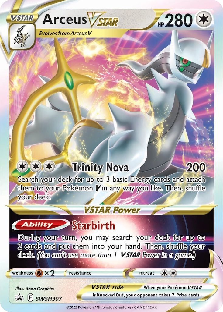 Pokémon trading card featuring Arceus VStar with detailed artwork and text.