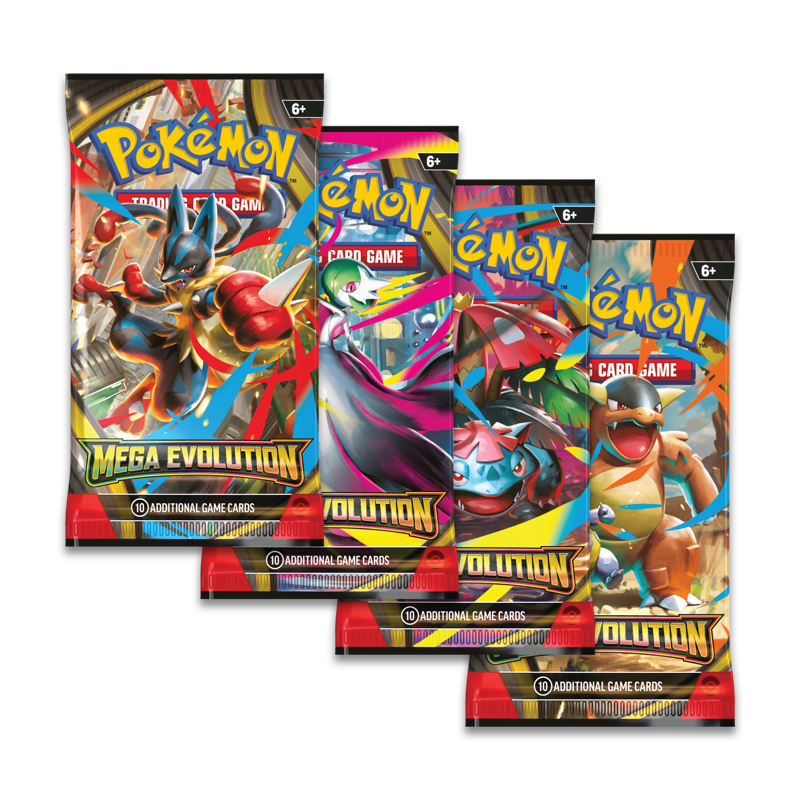 Four Pokemon trading card game packs from the Mega Evolution set with various characters