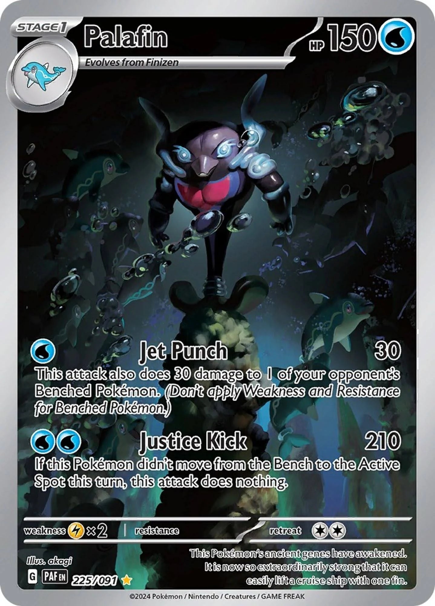 Pokémon trading card featuring Palafin with dark and blue color scheme