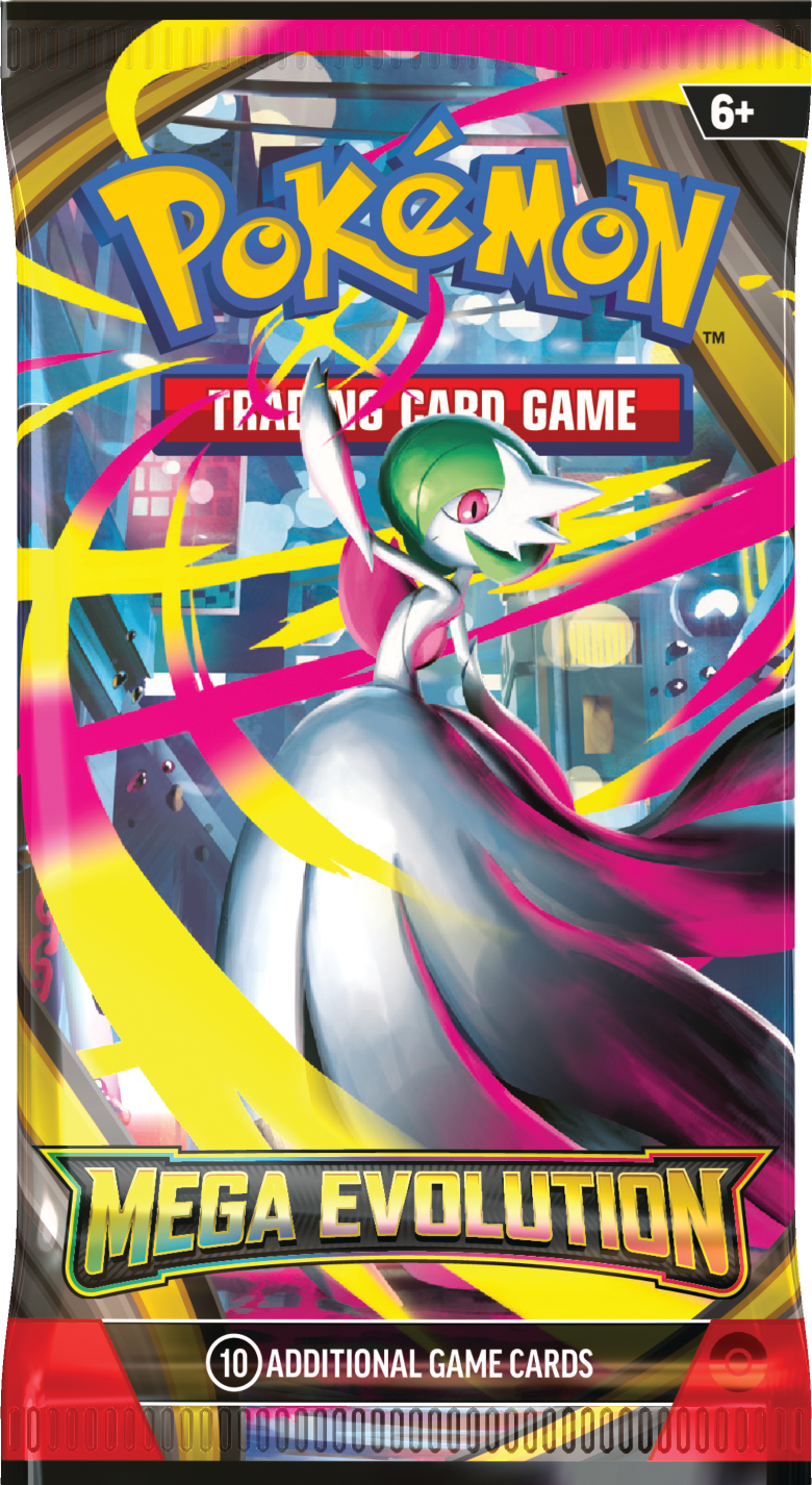 Pokémon trading card game pack featuring a character with a green hat and pink aura.