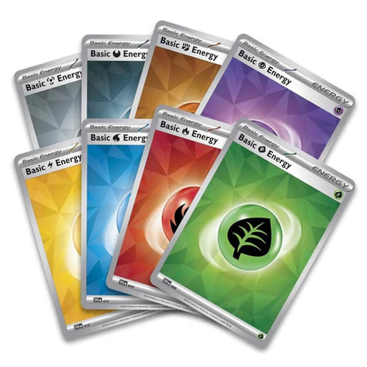 Set of trading cards, energy type with colorful designs on a white background