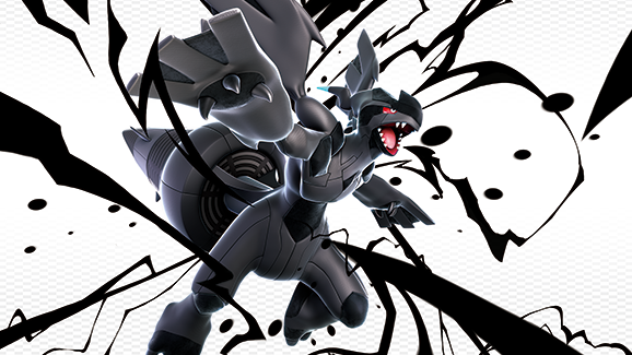 Zekrom in a dynamic pose with a black and white abstract background